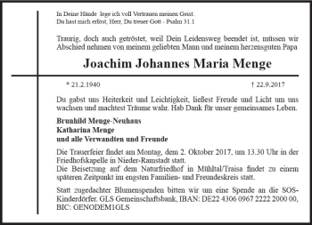 Traueranzeige von Joachim Johannes Maria Menge von Trauerportal Echo Online