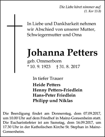 Traueranzeige von Johanna Petters von Trauerportal Rhein Main Presse