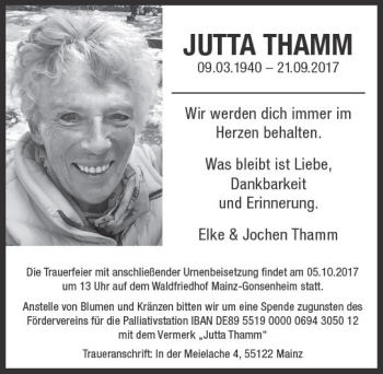 Traueranzeige von Jutta Thamm von Trauerportal Rhein Main Presse