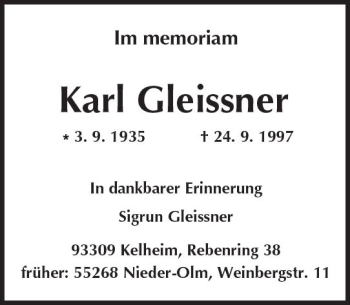Traueranzeige von Karl Gleissner von Trauerportal Rhein Main Presse