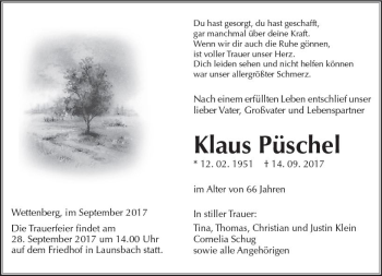 Traueranzeige von Klaus Püschel von  Gießener Anzeiger