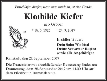 Traueranzeige von Klothilde Kiefer von  Kreisanzeiger