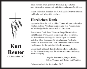 Traueranzeige von Kurt Reuter von  Usinger Anzeiger