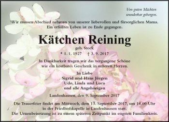 Traueranzeige von Kätchen Reining von VRM Trauer