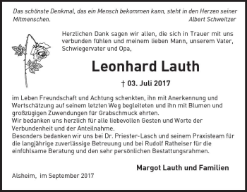 Traueranzeige von Leonhard Lauth von Trauerportal Rhein Main Presse