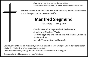 Traueranzeige von Manfred Siegmund von Trauerportal Rhein Main Presse