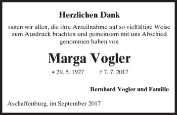 Traueranzeige von Marga Vogler von  Kreisanzeiger