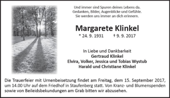 Traueranzeige von Margarete Klinkel von  Gießener Anzeiger