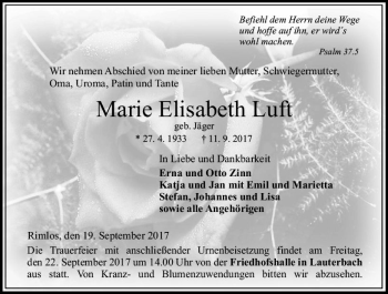 Traueranzeige von Marie Elisabeth Luft von VRM Trauer
