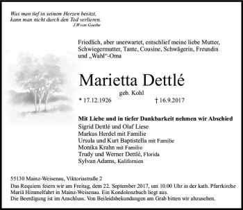 Traueranzeige von Marietta Dettlé von Trauerportal Rhein Main Presse