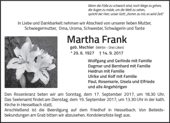 Traueranzeige von Martha Frank von Trauerportal Echo Online