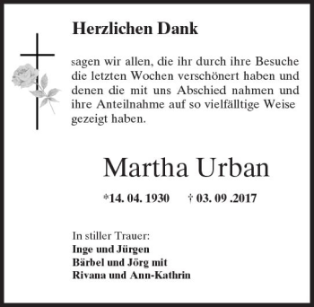 Traueranzeige von Martha Urban von  Camberger Anzeiger
