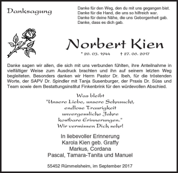 Traueranzeige von Norbert Kien von Trauerportal Rhein Main Presse