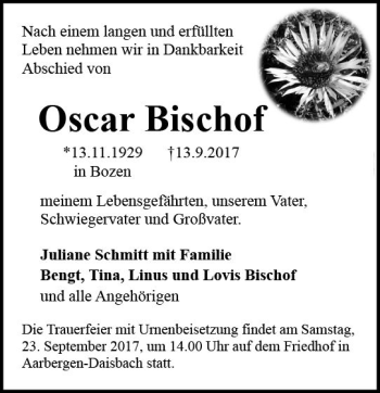Traueranzeige von Oscar Bischof von Trauerportal Echo Online
