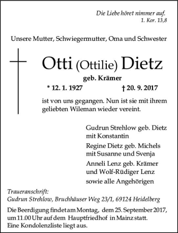 Traueranzeige von Ottilie Dietz von Trauerportal Rhein Main Presse