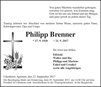 Traueranzeige von Philipp Brenner von Trauerportal Rhein Main Presse