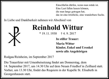 Traueranzeige von Reinhold Wittur von Trauerportal Echo Online