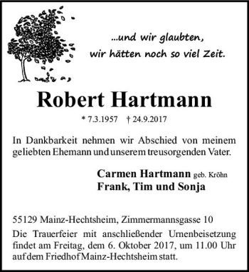 Traueranzeige von Robert Hartmann von Trauerportal Rhein Main Presse