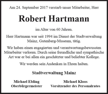 Traueranzeige von Robert Hartmann von Trauerportal Rhein Main Presse