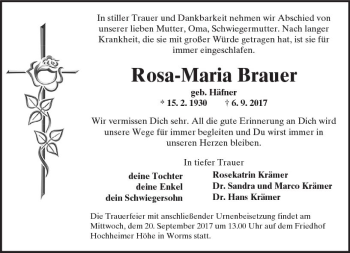 Traueranzeige von Rosa-Maria Brauer von Trauerportal Rhein Main Presse