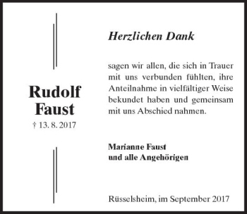 Traueranzeige von Rudolf Faust von Trauerportal Rhein Main Presse