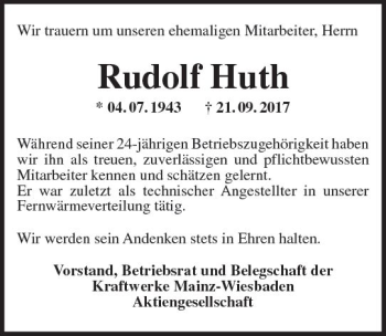 Traueranzeige von Rudolf Huth von Trauerportal Rhein Main Presse