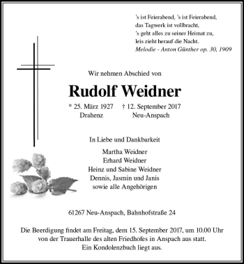Traueranzeige von Rudolf Weidner von  Usinger Anzeiger Traueranzeige von Rudolf Weidner von  Usinger Anzeiger
