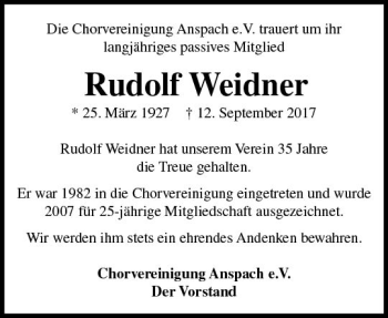 Traueranzeige von Rudolf Weidner von  Usinger Anzeiger Traueranzeige von Rudolf Weidner von  Usinger Anzeiger