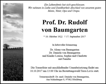 Traueranzeige von Rudolf von Baumgarten von Trauerportal Rhein Main Presse