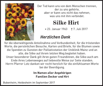 Traueranzeige von Silke Hirt von Trauerportal Rhein Main Presse