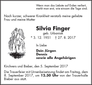 Traueranzeige von Silvia Finger von  Gießener Anzeiger
