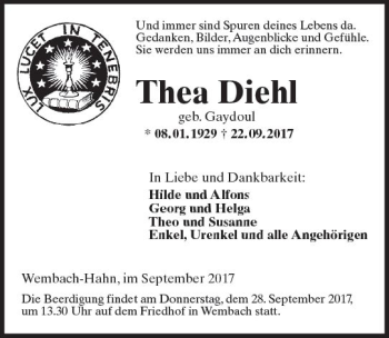 Traueranzeige von Thea Diehl von Trauerportal Echo Online