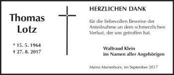 Traueranzeige von Thomas Lotz von Trauerportal Rhein Main Presse
