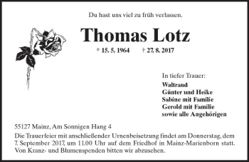 Traueranzeige von Thomas Lotz von Trauerportal Rhein Main Presse
