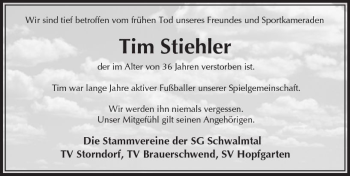 Traueranzeige von Tim Stiehler von VRM Trauer