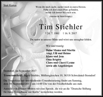 Traueranzeige von Tim Stiehler von VRM Trauer
