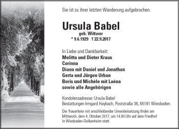 Traueranzeige von Ursula Babel von Trauerportal Rhein Main Presse
