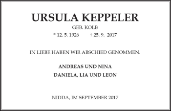 Traueranzeige von Ursula Keppeler von  Kreisanzeiger