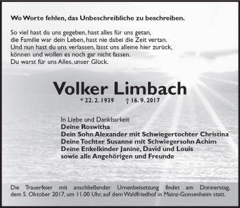 Traueranzeige von Volker Limbach von Trauerportal Rhein Main Presse