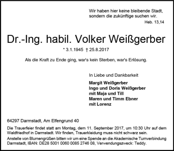 Traueranzeige von Volker Weißgerber von Trauerportal Echo Online