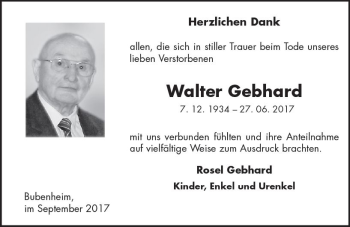 Traueranzeige von Walter Gebhard von Trauerportal Rhein Main Presse
