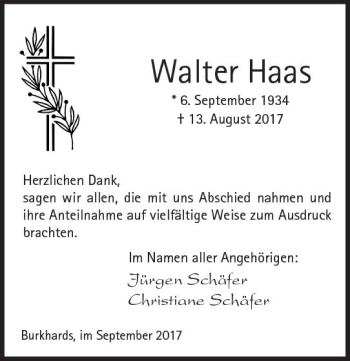 Traueranzeige von Walter Haas von  Kreisanzeiger