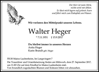 Traueranzeige von Walter Heger von Trauerportal Rhein Main Presse
