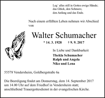 Traueranzeige von Walter Schumacher von Trauerportal Rhein Main Presse