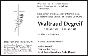 Traueranzeige von Waltraud Degreif von Trauerportal Rhein Main Presse