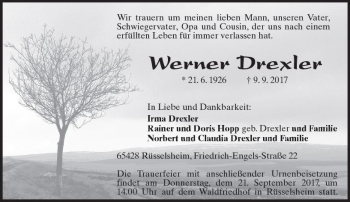 Traueranzeige von Werner Drexler von Trauerportal Rhein Main Presse