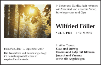 Traueranzeige von Wilfried Föller von  Kreisanzeiger
