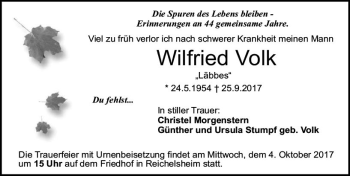 Traueranzeige von Wilfried Volk von Trauerportal Echo Online