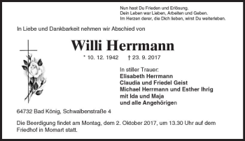 Traueranzeige von Willi Herrmann von Trauerportal Echo Online
