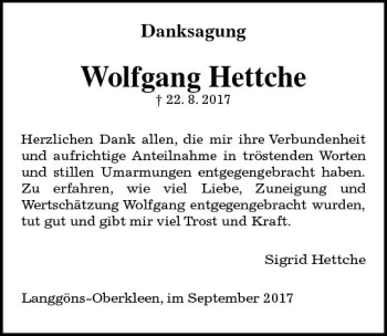 Traueranzeige von Wolfgang Hettche von  Gießener Anzeiger